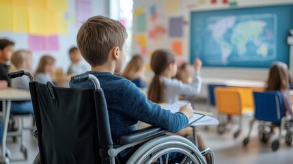 Young student in wheelchair attending elementary school lesson