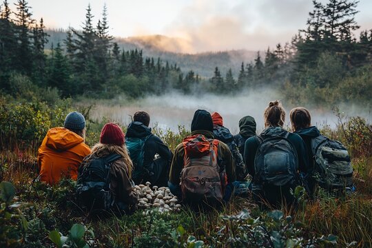 Group of hunter gatherers gathering wild mushrooms and roots in a dense forest at dawn