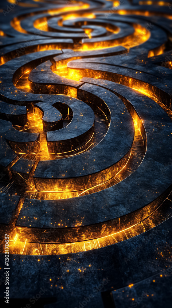 Poster navigate through a mesmerizing fractal labyrinth that seems to stretch into infinity, with glowing e