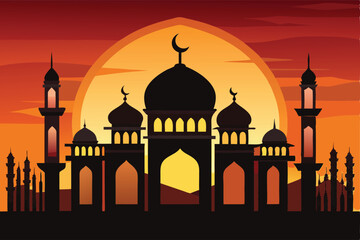 Silhouette of a Mosque at Sunset in a Desert Landscape