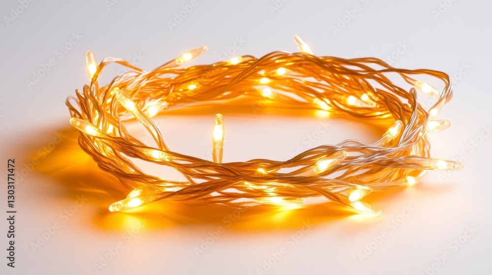 Poster warm white led string lights coiled in a circle on a white background. the lights are small and emit
