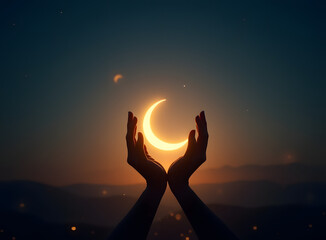 Hands Holding Crescent Moon Under Starry Sky