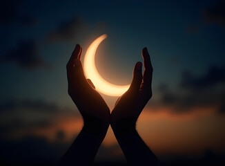 Crescent Moon Cradled in Hands at Dusk