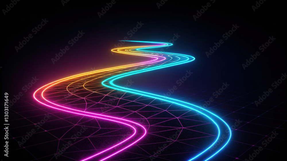 Poster glowing neon path on dark background creates vibrant and dynamic visual. colorful lines twist and tu