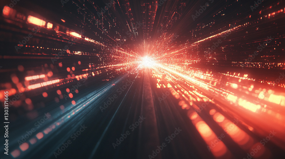 Poster high-speed data visualization showcasing vibrant red and blue light streams flowing towards a bright