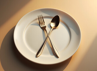 Fork and Spoon Crossed on Elegant Plate in Golden Light