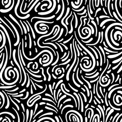 Abstract pattern composed of white, curved lines and swirls on a black background