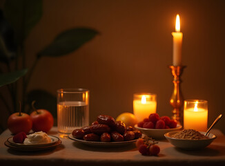 Ramadan Iftar with Dates, Fruits, and Candles at Night
