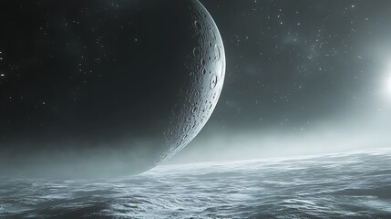 The moon partially hidden by clouds, surrounded by a clear sky filled with stars