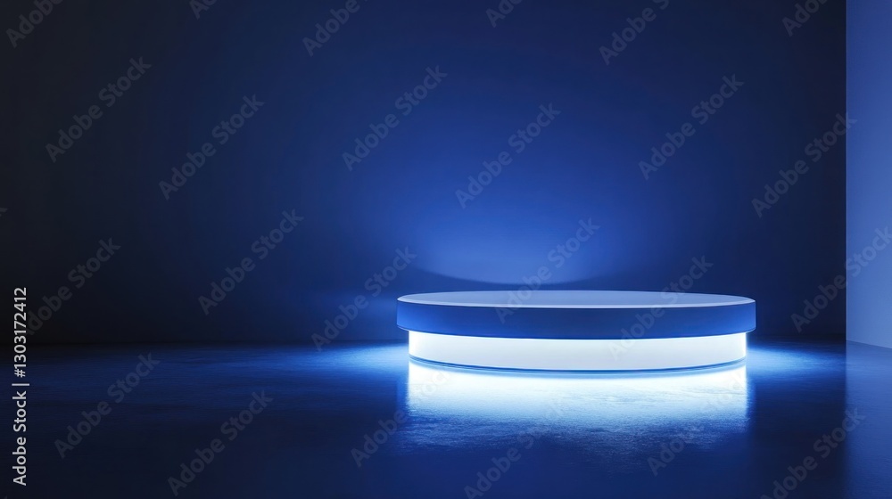 Poster a minimalistic illuminated platform in a dark room, suggesting a display or presentation area.