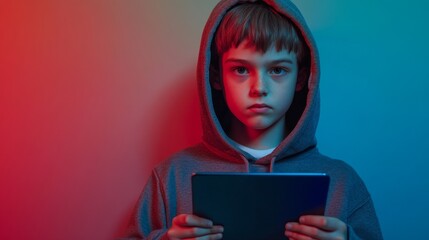 Tech-Savvy Schoolboy in Hoodie Holding Digital Tablet Against soft color Background