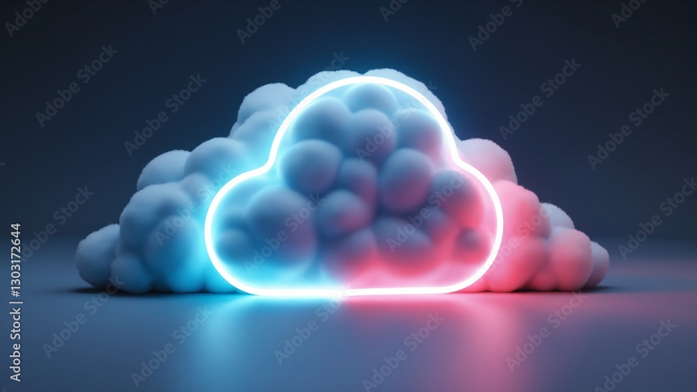 Poster 3d render, abstract cloud illuminated with neon light ring on dark night sky. glowing geometric shap