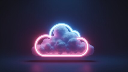 3d render, abstract cloud illuminated with neon light ring on dark night sky. Glowing geometric shape, background