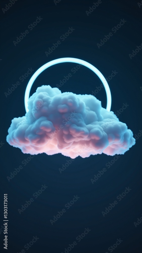 Poster 3d render, abstract cloud illuminated with neon light ring on dark night sky. glowing geometric shap