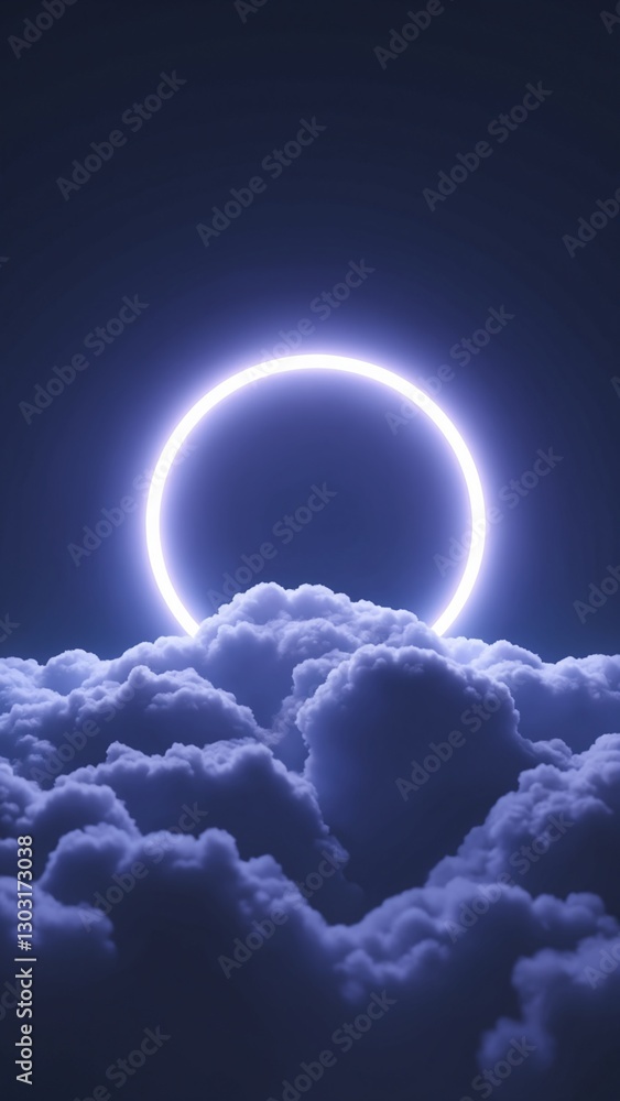 Poster 3d render, abstract cloud illuminated with neon light ring on dark night sky. glowing geometric shap