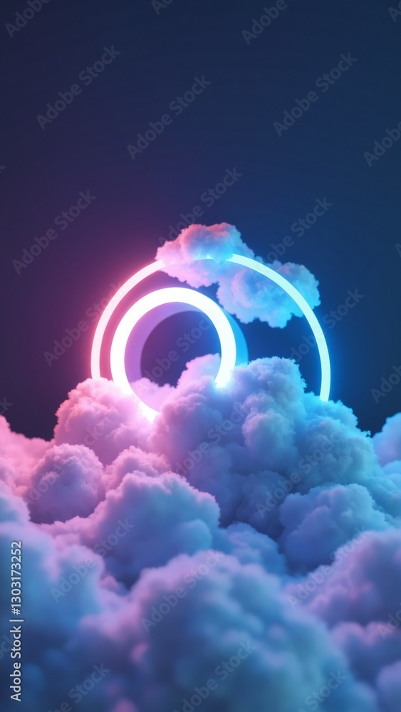 Poster 3d render, abstract cloud illuminated with neon light ring on dark night sky. glowing geometric shap