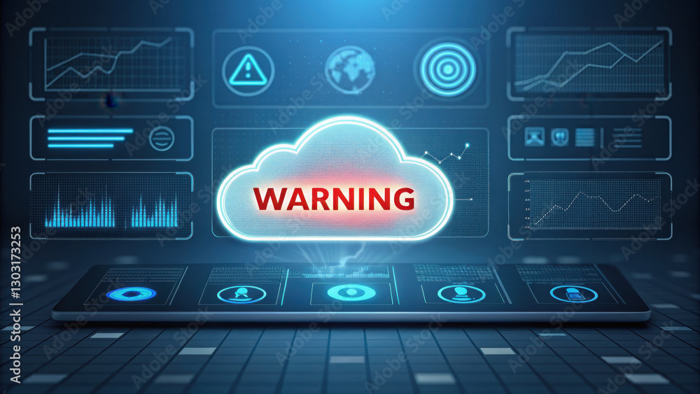 Poster glowing warning sign appears in cloud, surrounded by data visuals and security icons, conveying sens