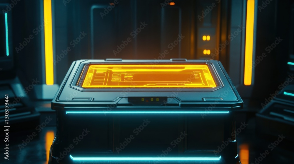 Poster a futuristic container with glowing orange and blue elements in a high-tech environment.