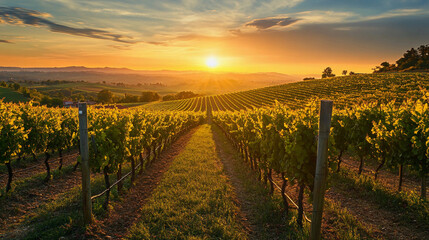 Fototapeta premium Scenic sunset over lush grapevines in a picturesque vineyard during golden hour with rolling hills in the background. Generative AI