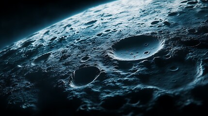 The moon's surface as seen during twilight, with soft blue shadows and intricate crater details