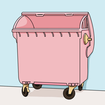 Vector Illustration of an Outdoor Pink Trash Can on SideWalk Background. Urban Waste Bin with Wheels on a City Sidewalk Against Light Blue Wall