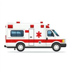 A side view of an ambulance with a red and white color scheme, emergency lights on top, and a medical symbol on the side.