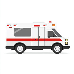 A side view of an ambulance with a red and white color scheme, emergency lights on top, and a medical symbol on the side.