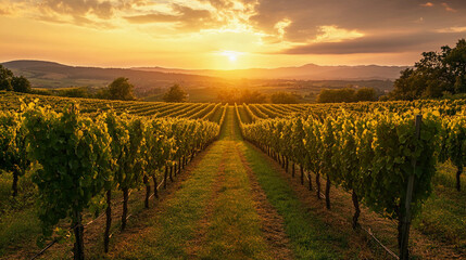 Naklejka premium Explore scenic vineyard rows basking in golden sunset light with distant hills creating a breathtaking backdrop for a tranquil evening. Generative AI