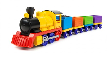 Fototapeta premium Colorful Toy Train Set Rolls Joyfully Under Bright Studio Lighting. AI Generated
