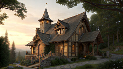 Charming Victorian-style house at sunset surrounded by trees  