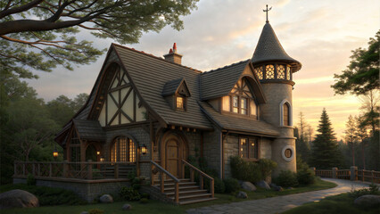 Fototapeta premium Cozy cottage in tranquil forest during sunset 