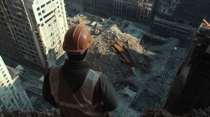 Construction worker surveying a building demolition site.