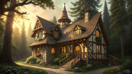 Enchanting fairy tale cottage surrounded by lush forests  
