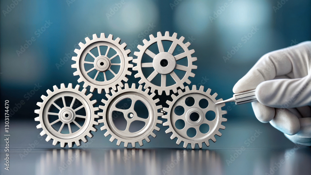 Poster interlocked miniature gears being adjusted with tool, showcasing precision and engineering. image co