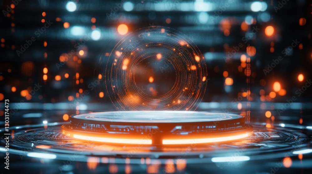 Poster a futuristic interface with glowing elements and a central circular portal.