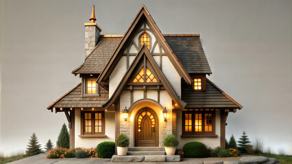 Obraz premium Charming traditional house with warm lights against a twilight sky 