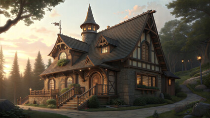 Charming cottage nestled in the forest at sunset  