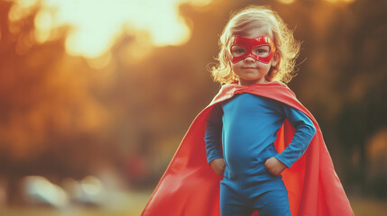 Fototapeta premium Young child dressed as superhero poses confidently in a golden sunset, embodying courage and imagination in a playful outdoor setting