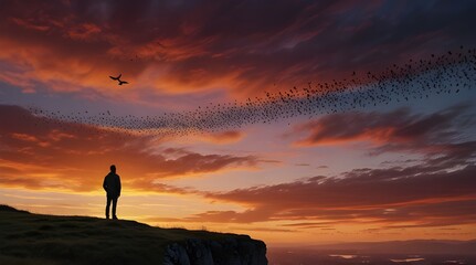A solitary man stands on a cliff, silhouetted against a vibrant sunset sky, with a flock of birds in flight adding to the dramatic scenery. generative.ai