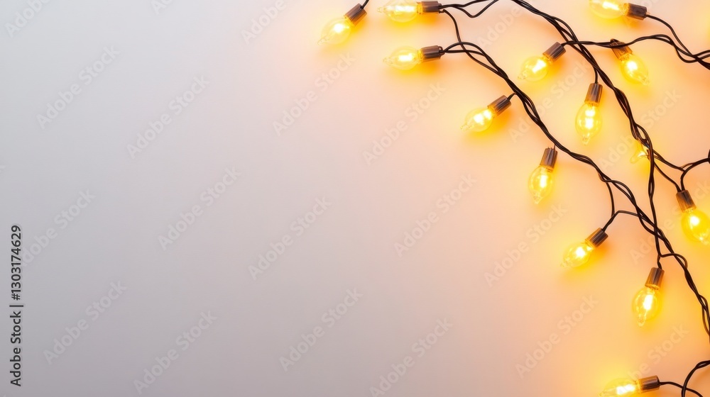 Poster warm yellow string lights on a beige background, creating a festive and inviting atmosphere. perfect