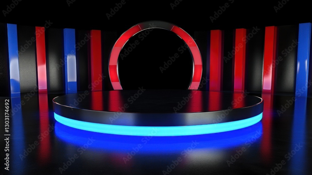 Poster a modern stage setup with circular backdrop and colorful vertical panels.