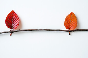 Two red and orange beech leaves on a branch, against a white background.