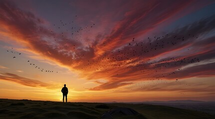 A solitary man stands on a cliff, silhouetted against a vibrant sunset sky, with a flock of birds in flight adding to the dramatic scenery. generative.ai
