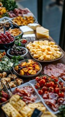 Obraz premium A table is laden with an enticing assortment of appetizers, featuring cheeses, cured meats, fruits, and vegetables, inviting guests to indulge in a culinary experience during a social event