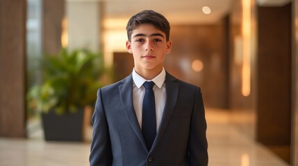 Fototapeta premium Teenager dressed in a sharp business suit, standing confidently in an office lobby, professional atmosphere