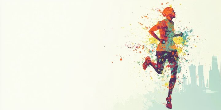 Dynamic Runner Silhouette in Vibrant Watercolor Splashes Against City Skyline