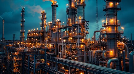 Industrial refinery plant at night emitting steam and illuminated lights