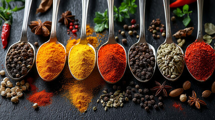  Colorful Assortment of Spices in Spoons on Dark Background