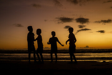 Silhouette of Children Playing on the Beach at Sunset