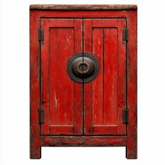 Antique Red Wooden Cabinet with Distressed Paint and Metal Hardware